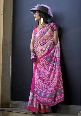 Printed satin pink colour saree 1