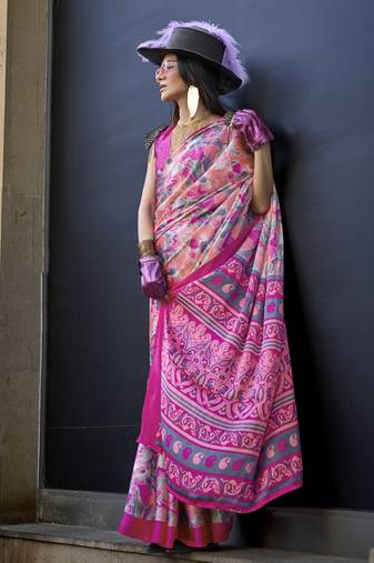 Printed satin pink colour classic saree