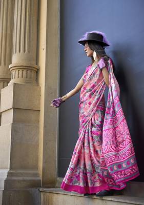 Printed satin pink colour saree 2