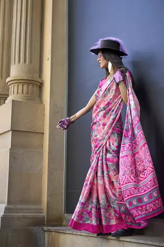 Printed satin pink colour saree