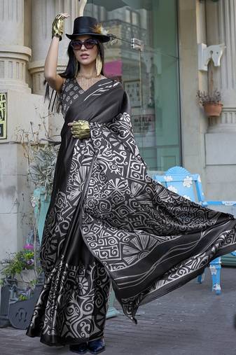 Printed satin black colour classic saree