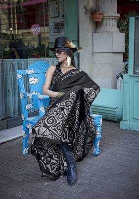Printed satin black colour saree 2