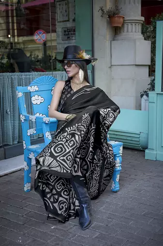 Printed satin black colour saree