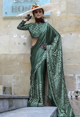 Printed satin dark green colour saree 1