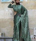 Printed satin dark green colour classic saree