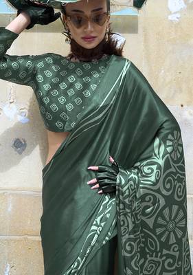 Printed satin dark green colour saree 2
