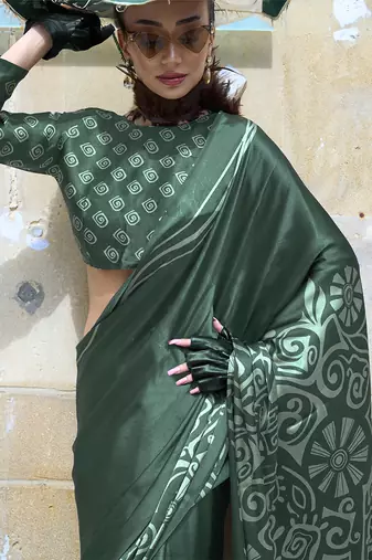 Printed satin dark green colour saree