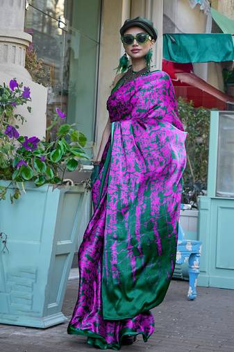 Printed satin magenta colour classic saree