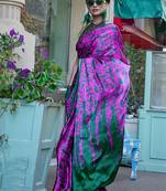 Printed satin magenta colour classic saree