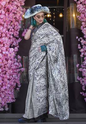 Printed satin white & black colour saree 1