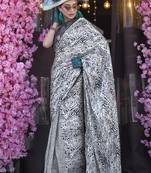Printed satin white & black colour classic saree