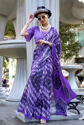 Printed satin dark violet colour saree 1