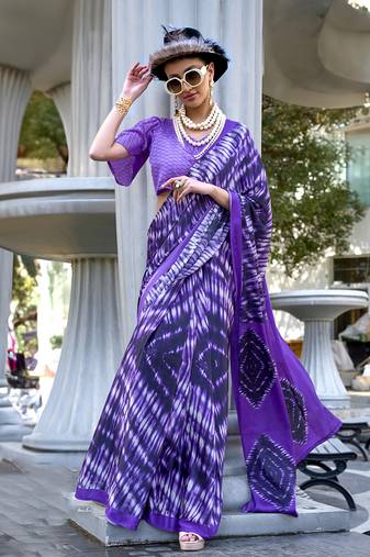 Printed satin dark violet colour classic saree