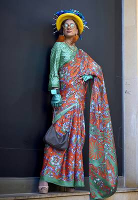 Printed satin salmon colour saree 1