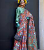 Printed satin salmon colour classic saree
