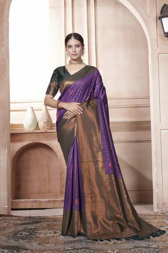 Purple Kanchivaram Silk Zari Weaving With Gold Zari Border And Pallu Saree With Blouse For Women