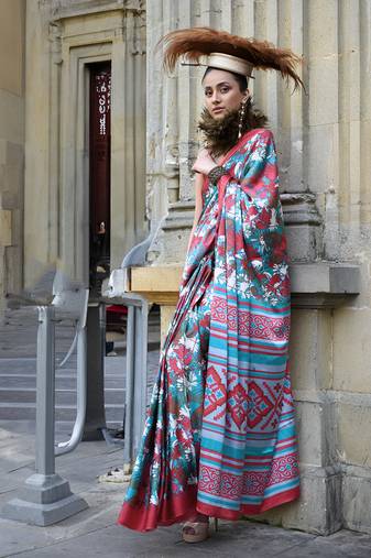 Printed satin multi colour classic saree