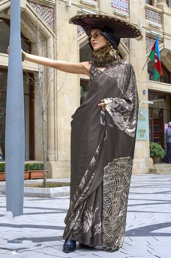 Printed satin dark grey colour classic saree