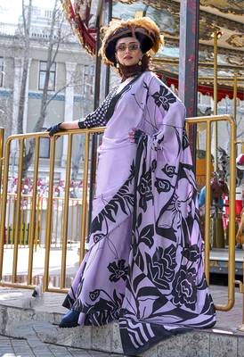 Printed satin lavender colour saree 1