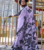 Printed satin lavender colour classic saree