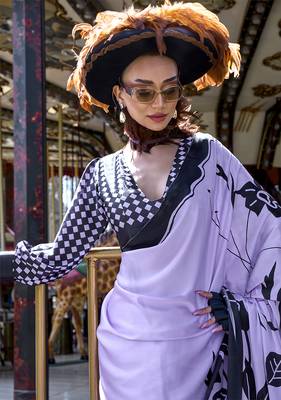 Printed satin lavender colour saree 2