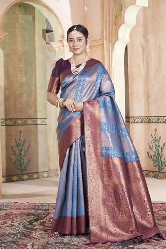Indigo Peach Kanchivaram Silk Zari Weaving With Gold Zari Border And Pallu Saree With Blouse For Women