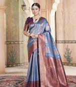 Indigo Peach Kanchivaram Silk Zari Weaving With Gold Zari Border And Pallu Saree With Blouse For Women
