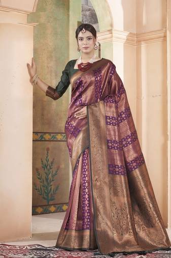 Purple Kanchivaram Silk Zari Weaving With Gold Zari Border And Pallu Saree With Blouse For Women