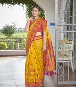 women's banarasi woven yellow with pink saree with heavy jacquard work saree with blouse piece