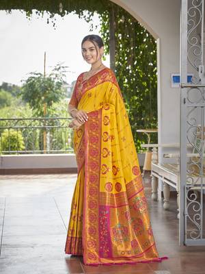 women's banarasi woven yellow with pink saree with heavy jacquard work saree with blouse piece 2