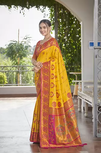 women's banarasi woven yellow with pink saree with heavy jacquard work saree with blouse piece