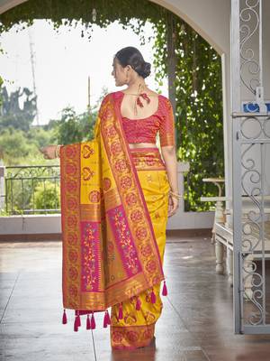 women's banarasi woven yellow with pink saree with heavy jacquard work saree with blouse piece 3