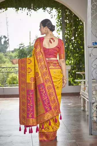 women's banarasi woven yellow with pink saree with heavy jacquard work saree with blouse piece