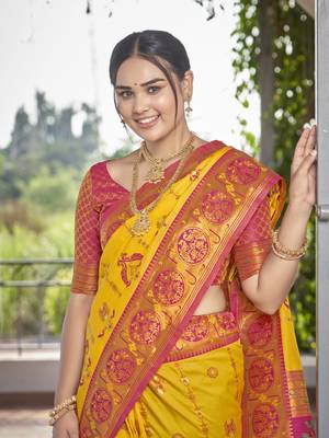 women's banarasi woven yellow with pink saree with heavy jacquard work saree with blouse piece 4