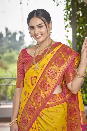 women's banarasi woven yellow with pink saree with heavy jacquard work saree with blouse piece
