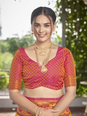 women's banarasi woven yellow with pink saree with heavy jacquard work saree with blouse piece 5