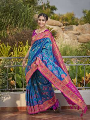 women's banarasi woven blue with pink saree with heavy jacquard work saree with blouse piece 1