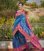 women's banarasi woven blue with pink saree with heavy jacquard work saree with blouse piece