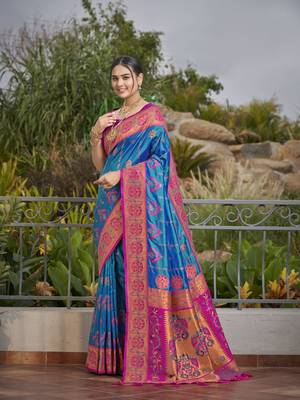 women's banarasi woven blue with pink saree with heavy jacquard work saree with blouse piece 2