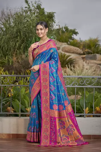 women's banarasi woven blue with pink saree with heavy jacquard work saree with blouse piece
