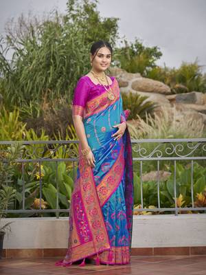 women's banarasi woven blue with pink saree with heavy jacquard work saree with blouse piece 3