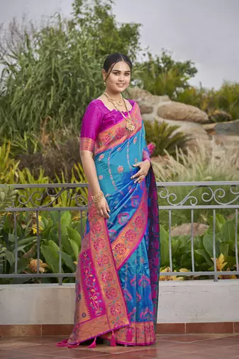 women's banarasi woven blue with pink saree with heavy jacquard work saree with blouse piece