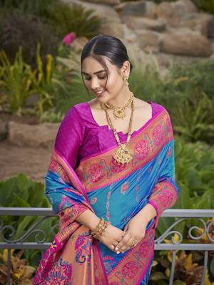 women's banarasi woven blue with pink saree with heavy jacquard work saree with blouse piece 4