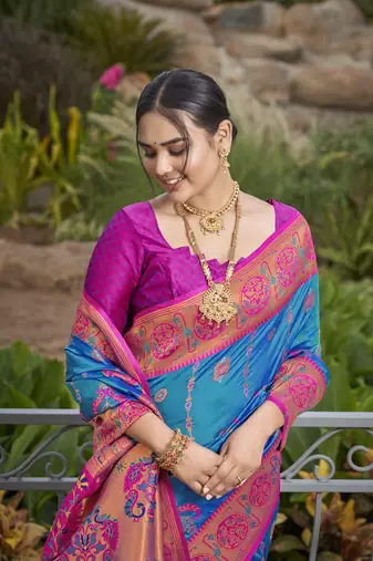 women's banarasi woven blue with pink saree with heavy jacquard work saree with blouse piece