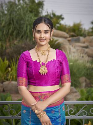 women's banarasi woven blue with pink saree with heavy jacquard work saree with blouse piece 5