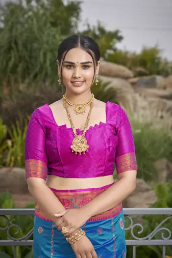 women's banarasi woven blue with pink saree with heavy jacquard work saree with blouse piece