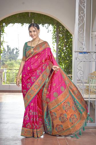 women's banarasi woven pink with green saree with heavy jacquard work saree with blouse piece