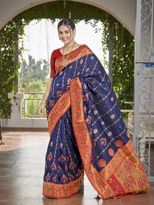 women's banarasi woven navy blue with red saree with heavy jacquard work saree with blouse piece 1