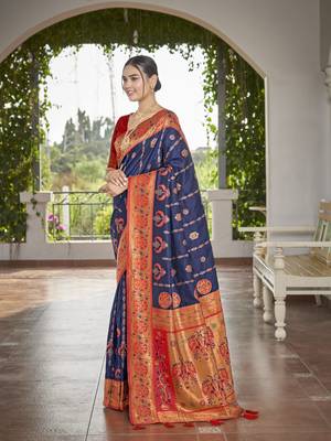 women's banarasi woven navy blue with red saree with heavy jacquard work saree with blouse piece 2