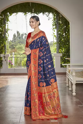 women's banarasi woven navy blue with red saree with heavy jacquard work saree with blouse piece